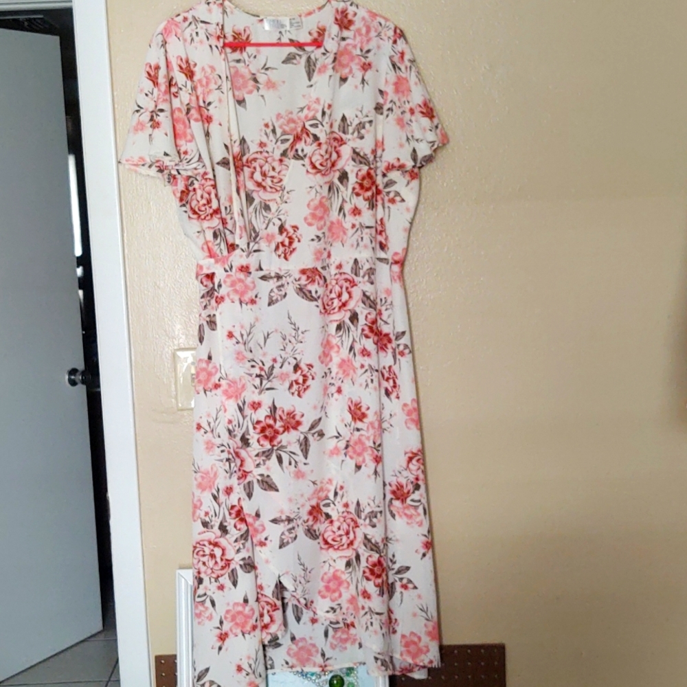 Pink and white floral wrap dress